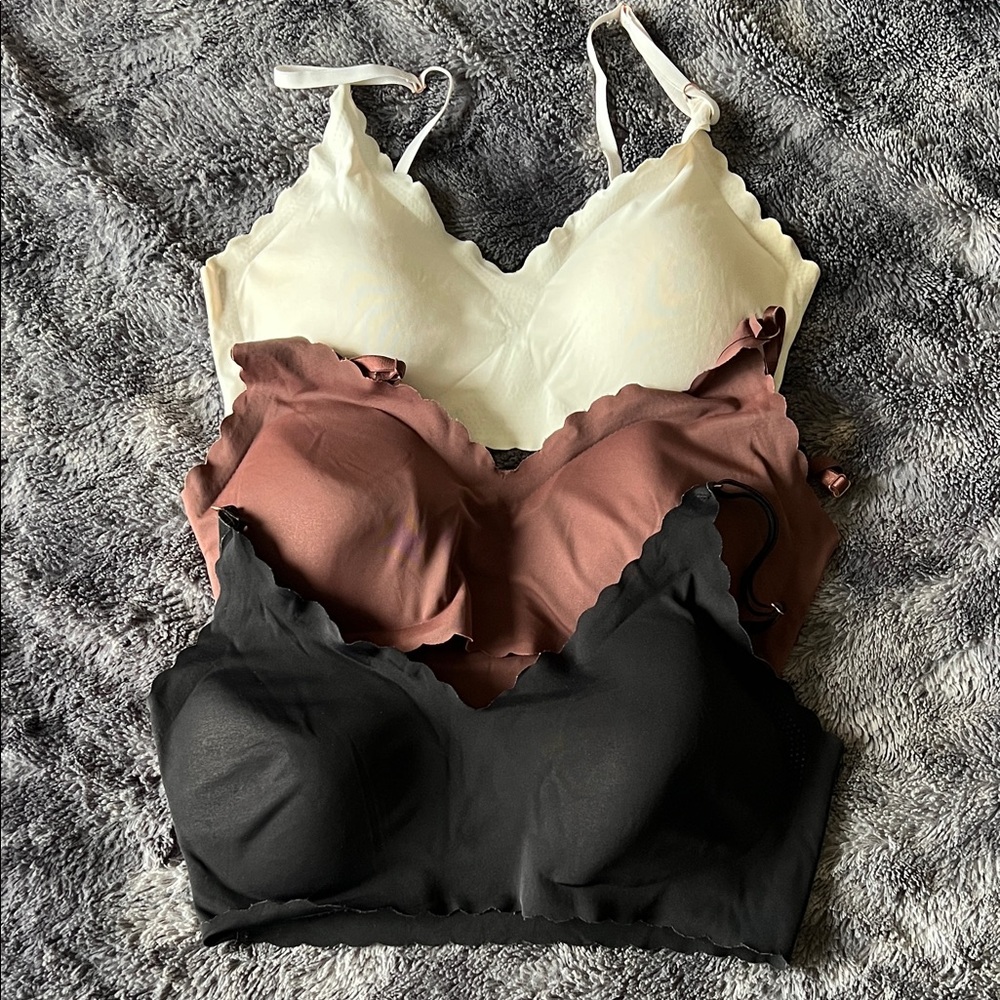 Set of Three Scalloped Bralettes - Cream, Brown, Black